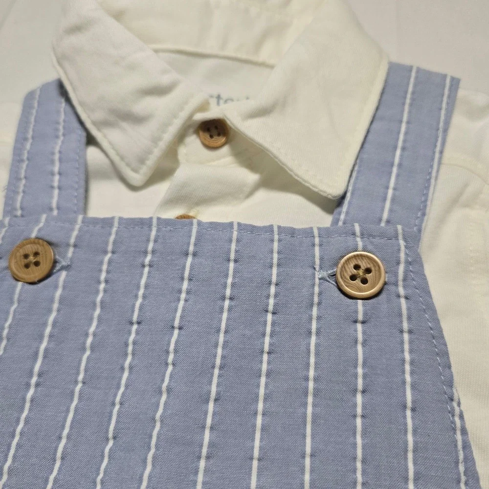 Carters Baby Boys 12m Blue Striped Overalls and White Shirt Outfit NWT